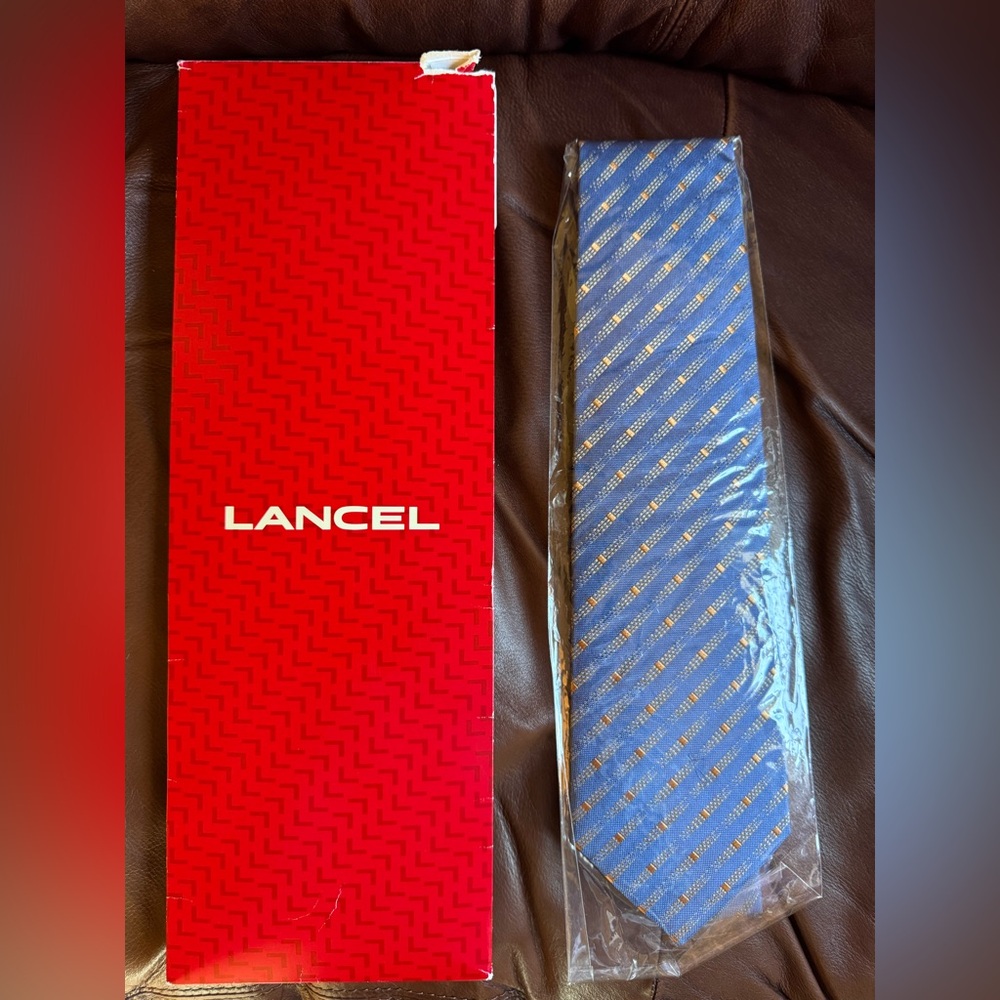 NEW and Sealed! LANCEL PARIS 100% Silk Tie Men’s Blue and Orange/Copper